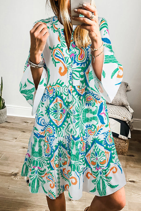Printed Tribal Print Bracelet Sleeve Buttoned Mini Dress